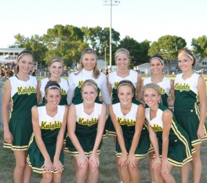 2011 Football Cheerleading Squad: Front row, from left: Lexi Weiss, Mariah Salfer, Bethany Berkner and Nikki Carr. Back row: Jamie Marti, Leah Schneider, Jessica Schmitz, Deonna Brinkman, Larissa Helget and Andrea Schwartz.